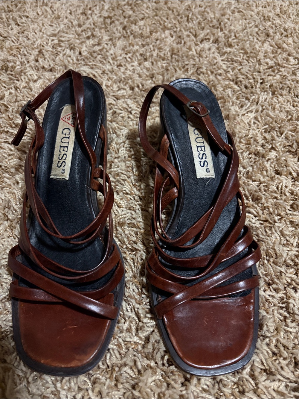 GUESS Brown Leather Strappy Slingback Sandals Y2K